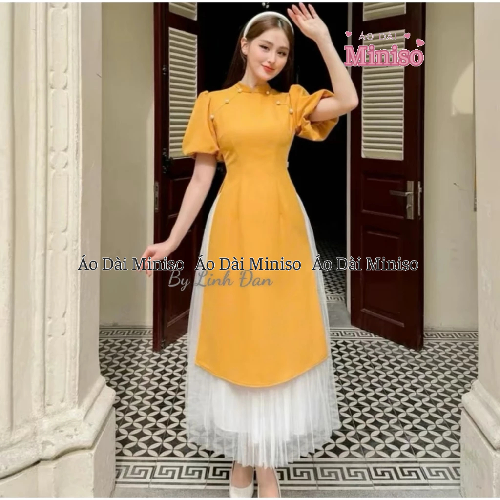 MINISO Minso 2024 modern yellow ao dai with stylized pearls - comes ...