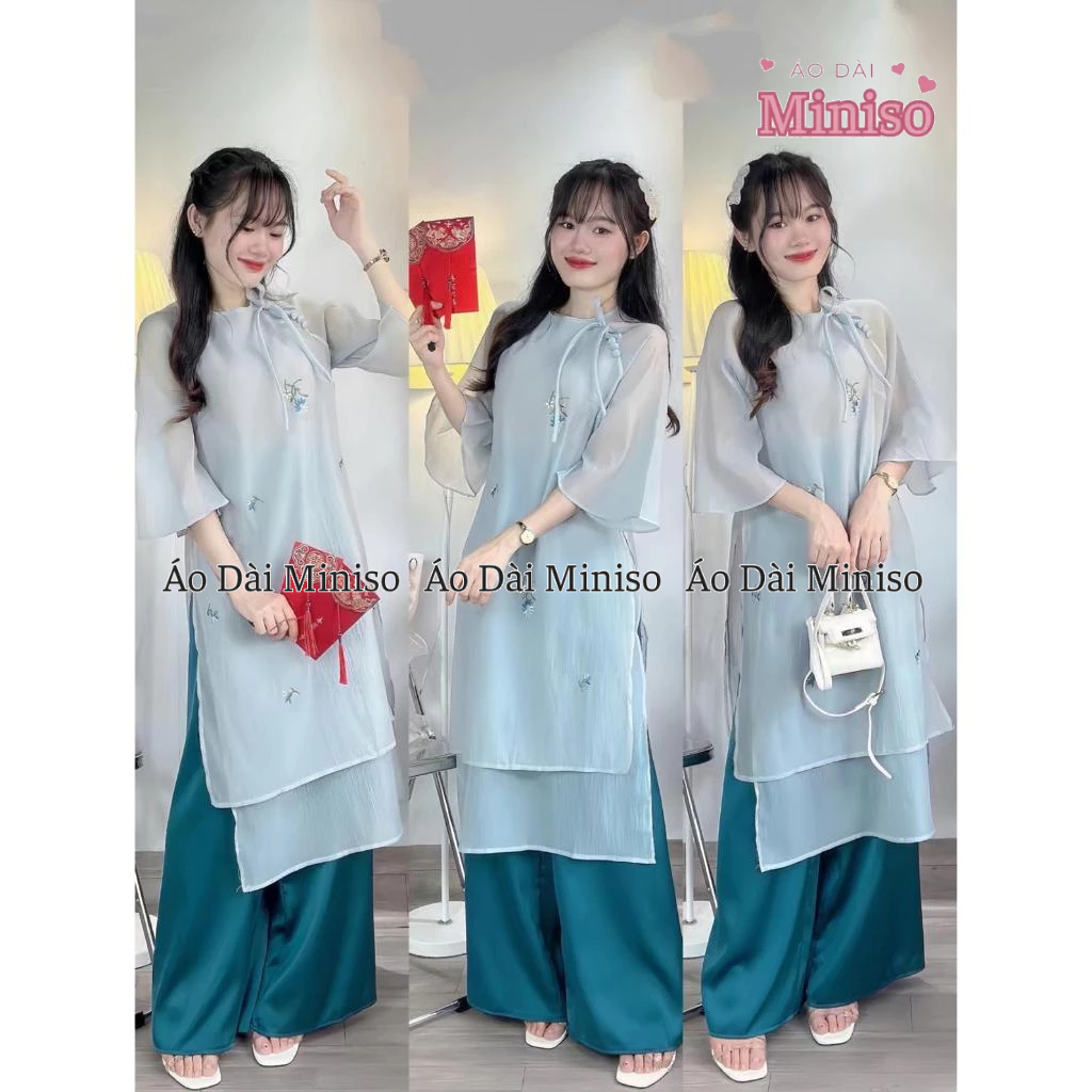 MINISO Minso 2025 blue and pink embroidered silk modern ao dai | Shopee ...