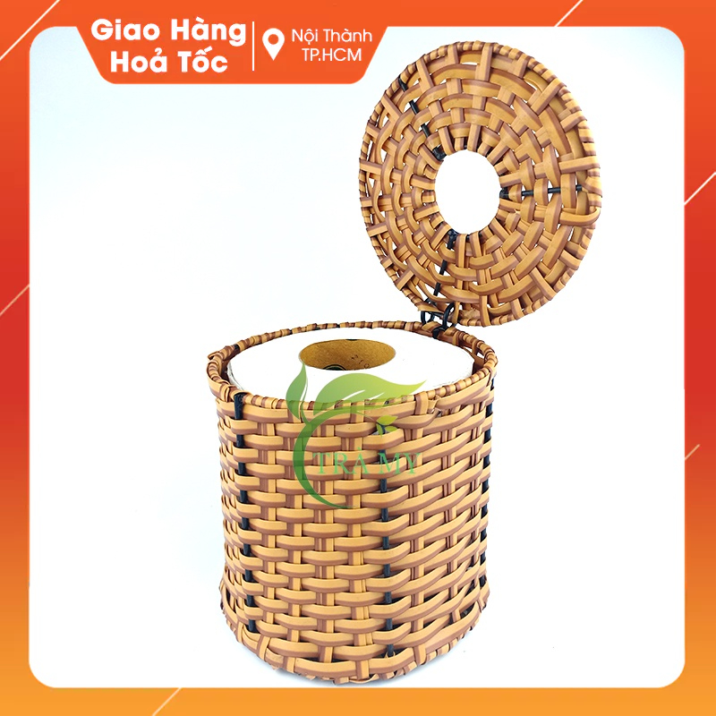 Round rattan tissue box for roll paper with lid, retractable tissue box ...