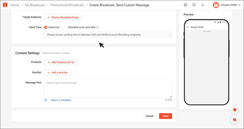 Custom broadcast message and recipients | MY Seller [Shopee]