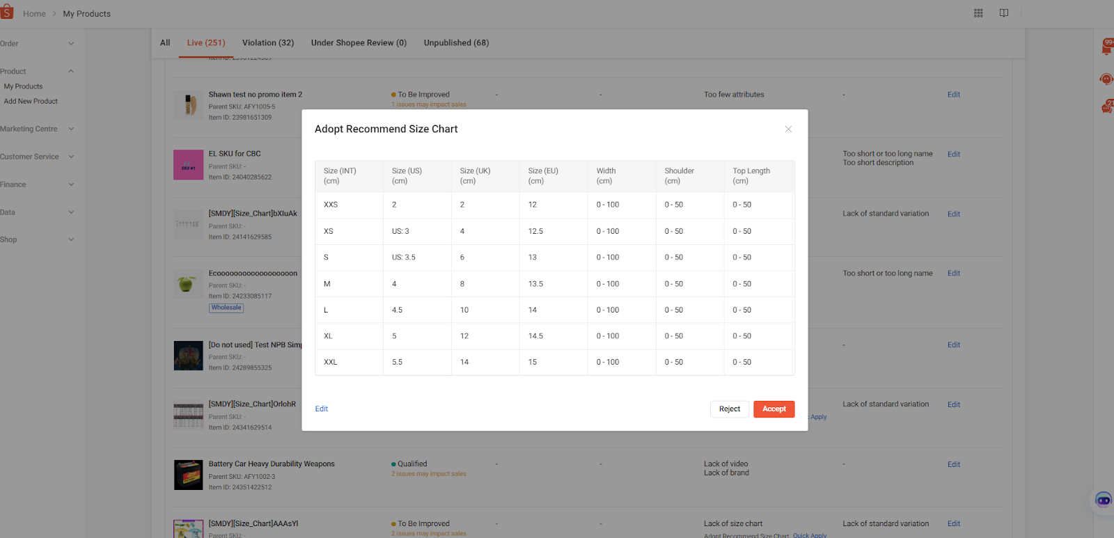 Mandatory Size Chart for Fashion Listings | Shopee MY Seller Education Hub