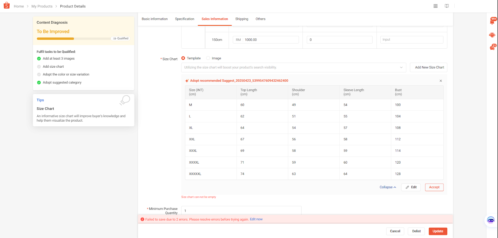 Mandatory Size Chart for Fashion Listings | Shopee MY Seller Education Hub